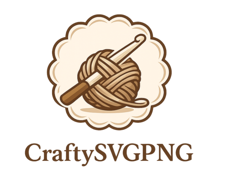 CraftySVGPNG logo with crochet hook and yarn ball